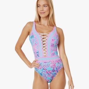 Lilly Pulitzer Pink and Blue Lace-Up One-Piece Swimsuit